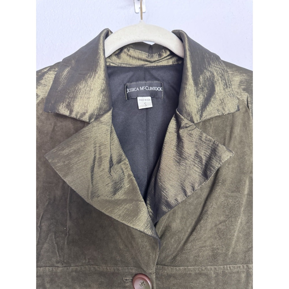 Vintage Jessica McClintock‎ Olive Green Suede Satin Blazer Jacket Size Small USA - Picture 3 of 9
